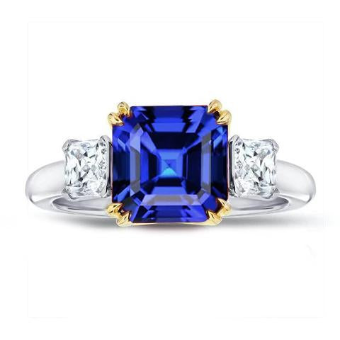 3 Stone Radiant Diamond & Asscher Sapphire Ring 2.50 Carats Two Tone - Gemstone Ring-harrychadent.ca