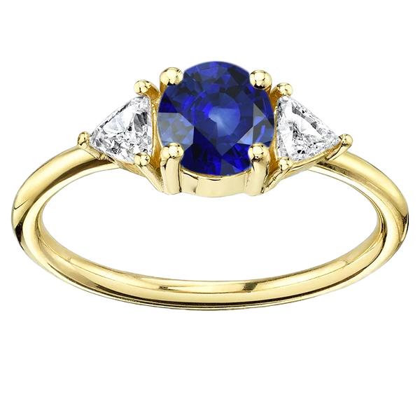 3 Stone Trilliant Diamond Ring 2 Carats Yellow Gold Ceylon Sapphire - Gemstone Ring-harrychadent.ca