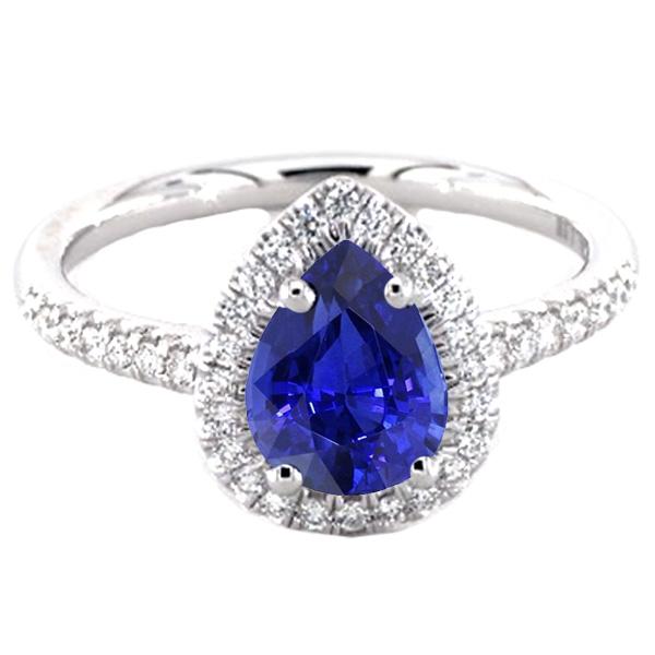 Anniversary Halo Ring Pear Blue Sapphire & Diamonds 3.25 Carats - Gemstone Ring-harrychadent.ca