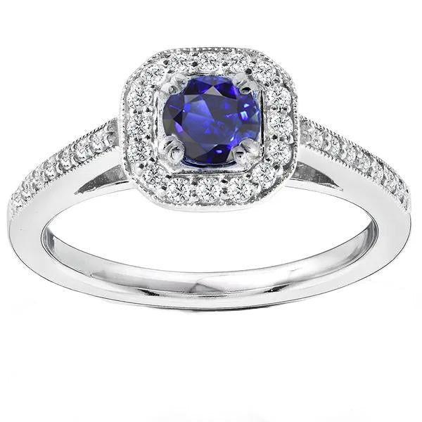 Antique Style Diamond Halo Blue Sapphire Ring 3 Carats Milgrain Shank - Gemstone Ring-harrychadent.ca