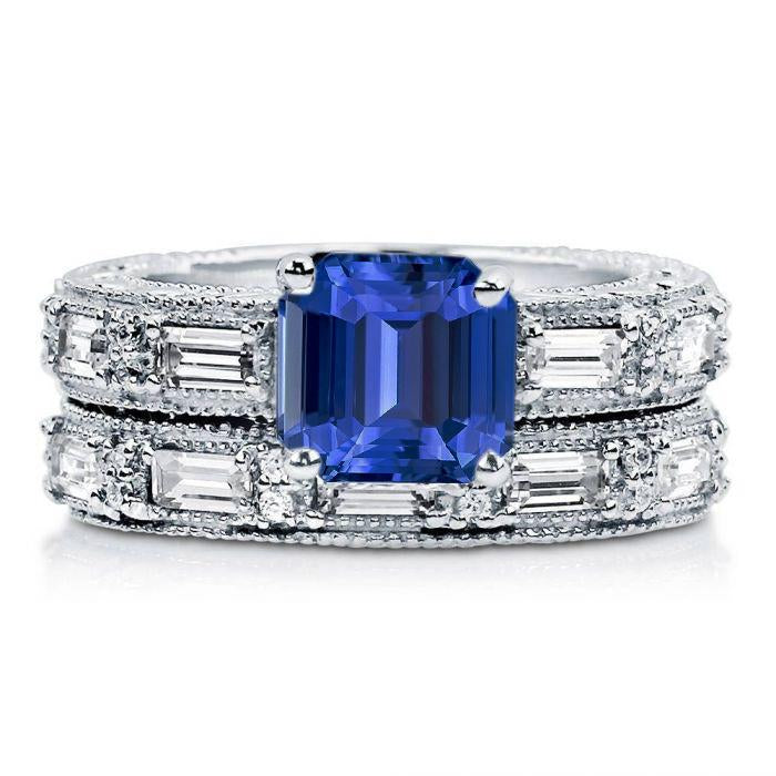 Antique Style Engagement Diamond Emerald Sapphire Ring Set 4.50 Carats - Gemstone Ring-harrychadent.ca