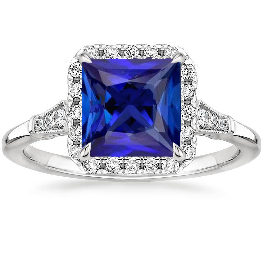 Antique Style Halo Diamond & Ceylon Sapphire Ring White Gold 6 Carats - Gemstone Ring-harrychadent.ca