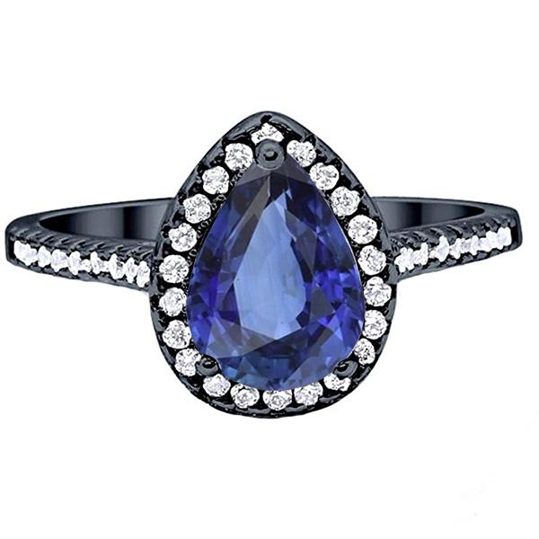 Black Gold Halo Pear Shaped Ring Blue Sapphire & Diamonds 4 Carats - Gemstone Ring-harrychadent.ca
