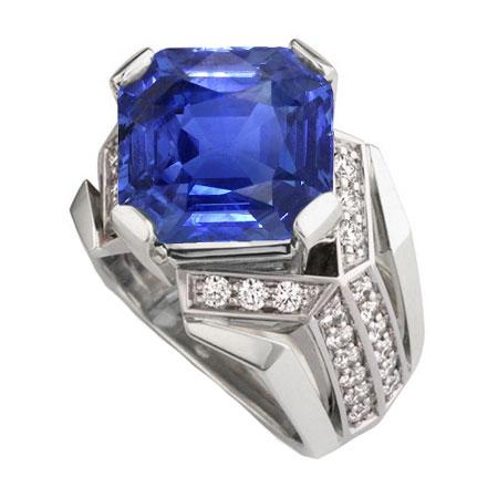 Blue Sapphire Diamond Fancy Ring 4.50 Carats Asscher & Round Cut Gold - Gemstone Ring-harrychadent.ca
