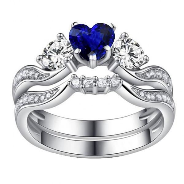 Blue Sapphire Engagement Ring Set With Gold Diamond Band 3 Carats 14K - Gemstone Ring-harrychadent.ca
