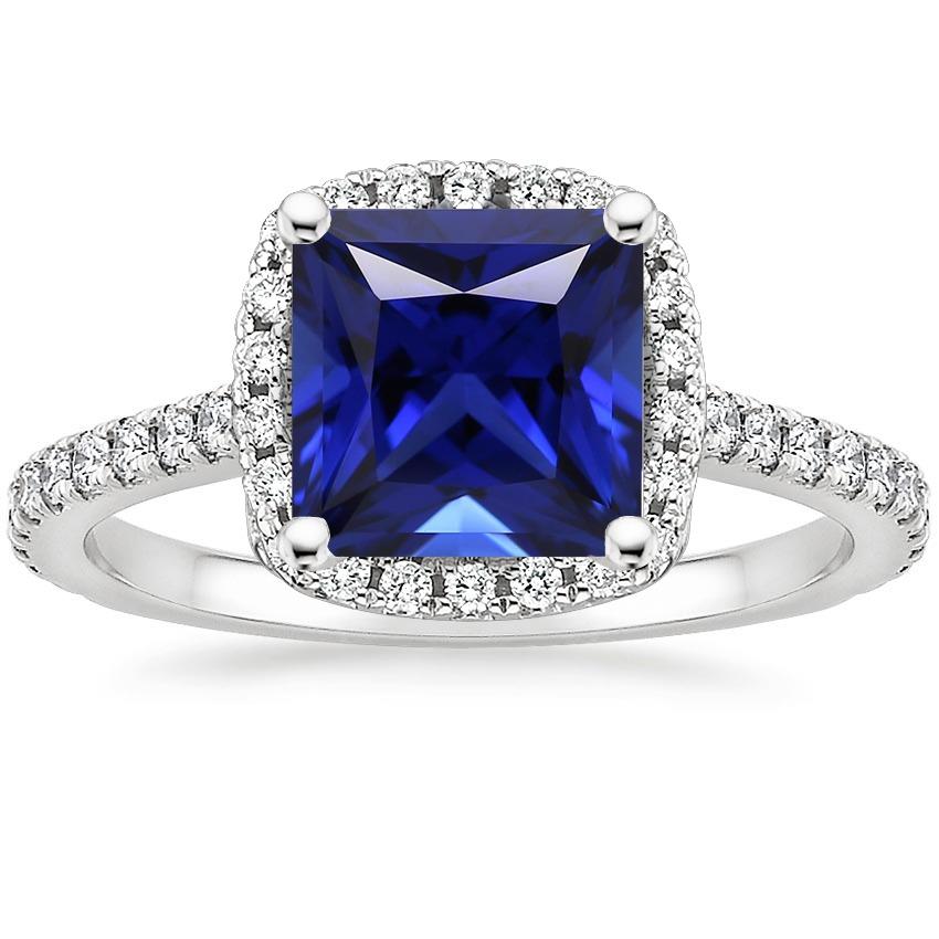 Ceylon Sapphire Halo Diamond Ring 6 Carat Princess Cut With Accents - Gemstone Ring-harrychadent.ca