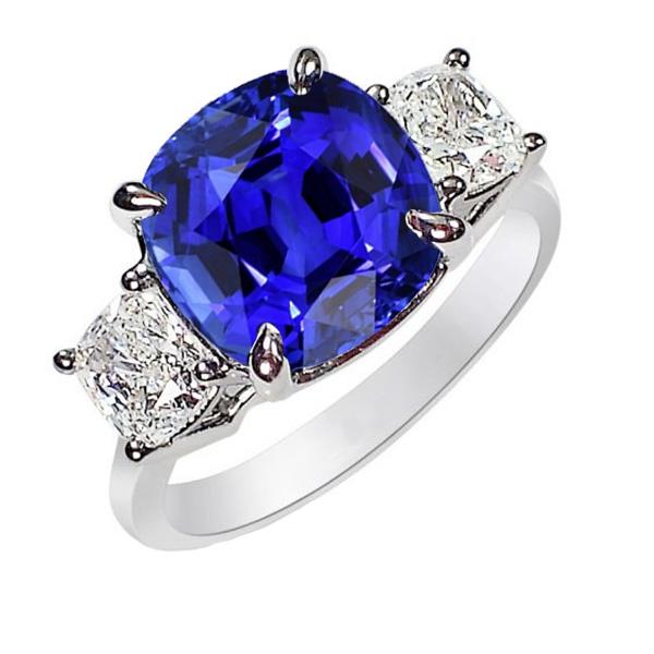 Cushion Sapphire 3 Stone Diamond Ring Prong Gold Jewelry 4 Carats - Gemstone Ring-harrychadent.ca