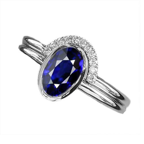 Diamond Band & Oval Blue Sapphire Wedding Ring Set 3 Carats White Gold - Gemstone Ring-harrychadent.ca