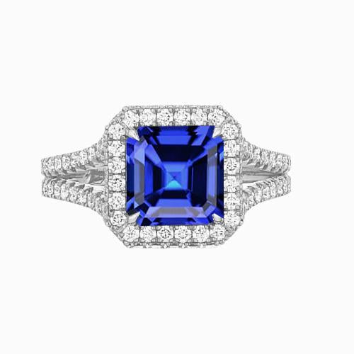 Diamond Engagement Ring Halo Asscher Sapphire Gold Split Shank 4 Carat - Gemstone Ring-harrychadent.ca