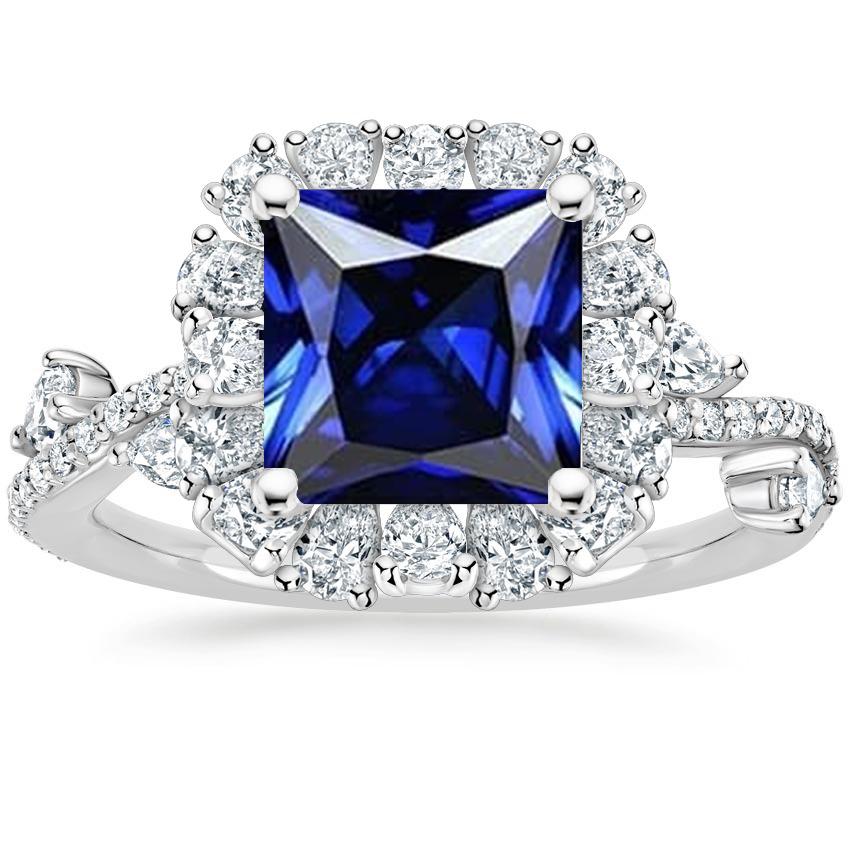 Diamond Halo Blue Sapphire Ring Princess Cut With Accents 7.50 Carats - Gemstone Ring-harrychadent.ca