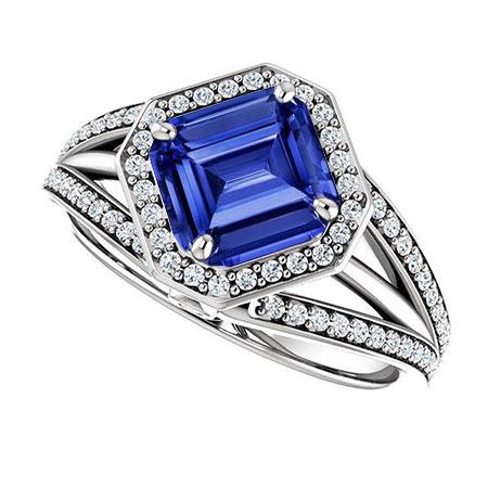 Diamond Halo Emerald Sapphire Engagement Ring Split Shank 4.50 Carats - Gemstone Ring-harrychadent.ca