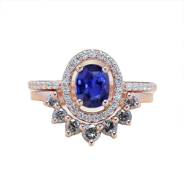 Diamond Halo Oval Engagement Ring Set Blue Sapphire 3.50 Carats Gold - Gemstone Ring-harrychadent.ca