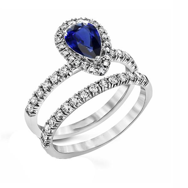 Diamond Halo Pear Sri Lankan Sapphire Wedding Ring Set 2.50 Carats - Gemstone Ring-harrychadent.ca