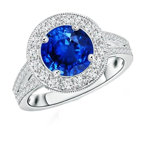 Diamond Halo Ring Antique Style Prong Round Blue Sapphire 2.50 Carats - Gemstone Ring-harrychadent.ca