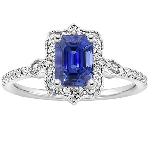 Diamond Halo Ring Vintage Style Emerald Blue Sapphire 4 Carats - Gemstone Ring-harrychadent.ca