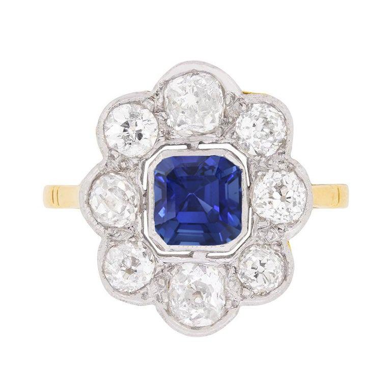 Diamond Halo Sapphire Ring Bezel Set Asscher Cut Flower Style 4 Carats - Gemstone Ring-harrychadent.ca