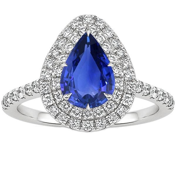 Double Halo Ring Pear Cut Ceylon Sapphire & Diamonds 4.50 Carats - Gemstone Ring-harrychadent.ca