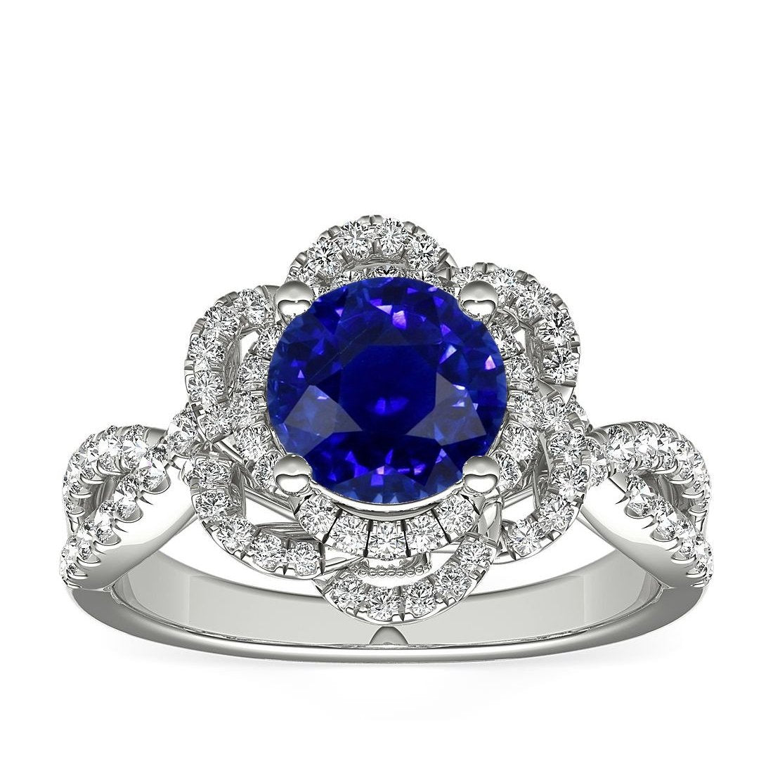 Double Halo Round Blue Sapphire Ring Flower Style 5 Carats Split Shank - Gemstone Ring-harrychadent.ca