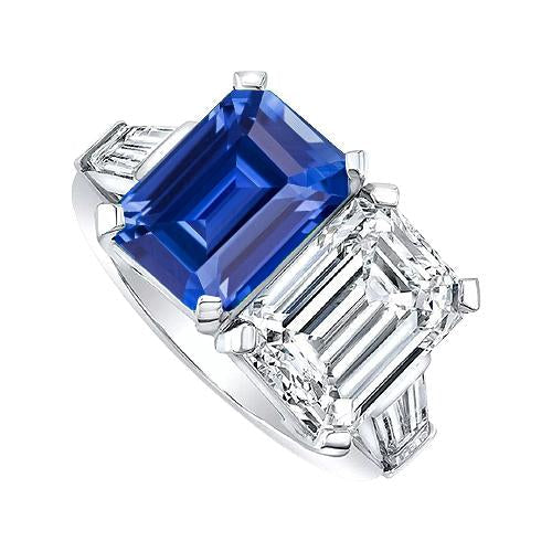 Emerald Diamond & Blue Sapphire Ring 4.50 Carats Gold Baguette Accents - Gemstone Ring-harrychadent.ca