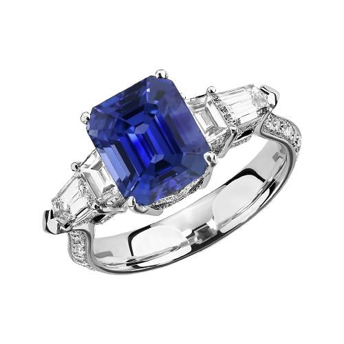 Emerald Diamond Ring Vintage Style Sapphire Baguette Sides 3.50 Carats - Gemstone Ring-harrychadent.ca