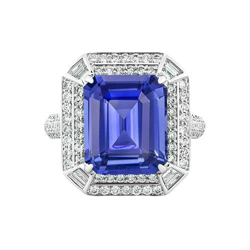 Emerald Shaped Diamond Blue Sapphire Ring 4.50 Carats Pave Set Accents - Gemstone Ring-harrychadent.ca