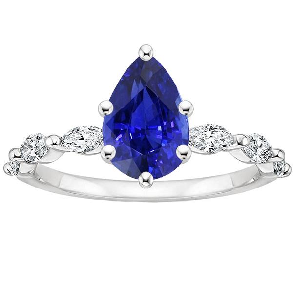Engagement Ring With Accents Pear Blue Sapphire & Diamonds 3.75 Carats - Gemstone Ring-harrychadent.ca