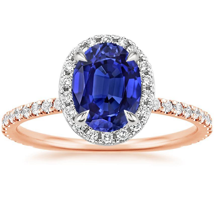 Gemstone Halo Ring Oval SriLanka Sapphire 5 Carats Two Tone Gold 14K - Gemstone Ring-harrychadent.ca