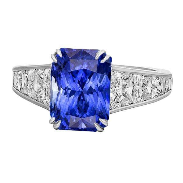 Gemstone Ring Radiant Sapphire Channel Set Trapezoid Diamonds 5 carats - Gemstone Ring-harrychadent.ca