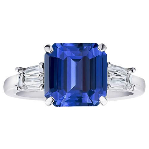 Gold Anniversary Ring 3 Carats Emerald Cut Blue Sapphire & Baguettes - Gemstone Ring-harrychadent.ca