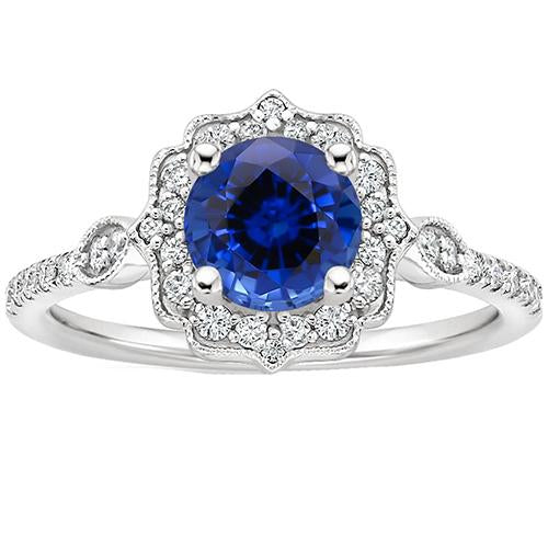 Gold Gemstone Ring Halo Sri Lankan Sapphire Vintage Style 3 Carats - Gemstone Ring-harrychadent.ca