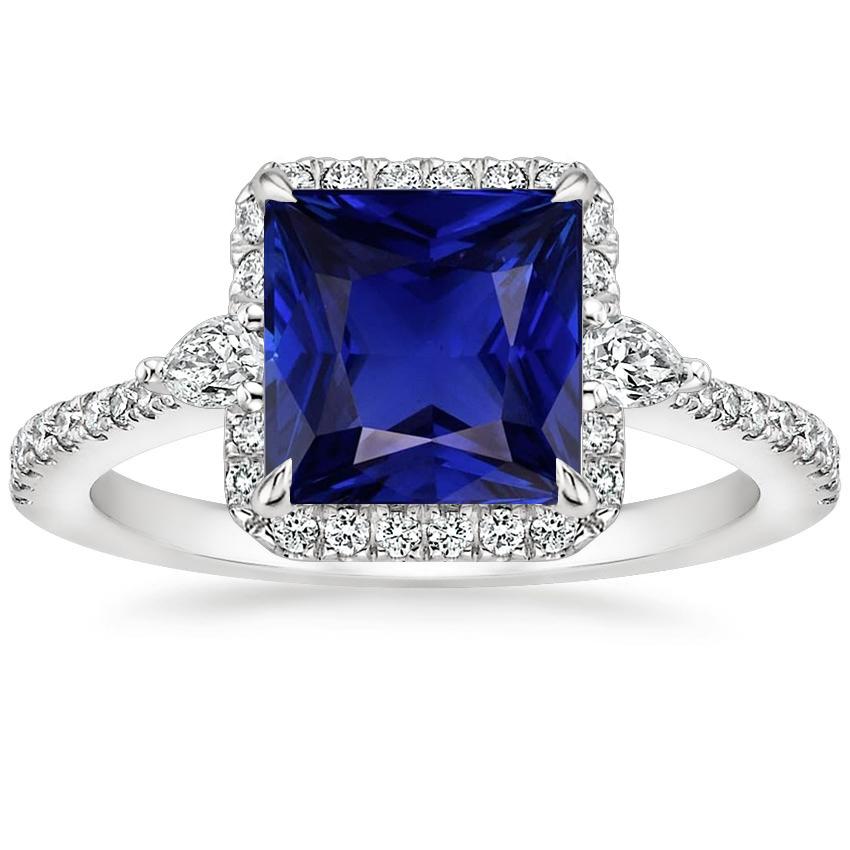 Gold Halo Diamond Ring Princess Blue Sapphire With Accents 6.25 Carats - Gemstone Ring-harrychadent.ca