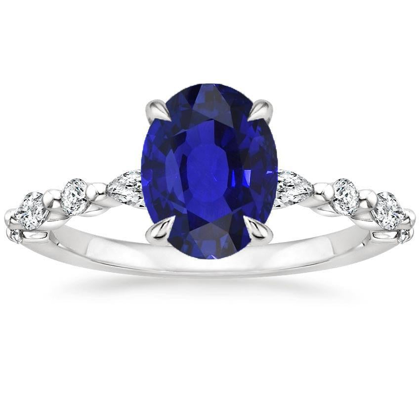 Gold Oval Blue Sapphire Diamond Ring Marquise & Round Cut 6 Carats New - Gemstone Ring-harrychadent.ca