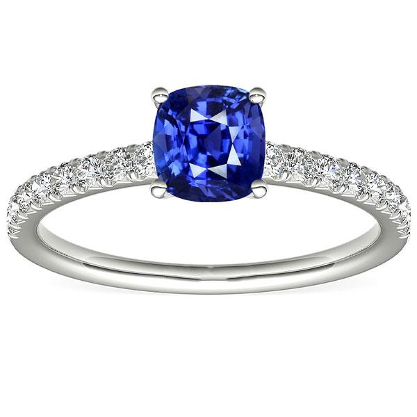 Gold Solitaire Cushion Cut Sapphire Ring & Pave Set Diamonds 3 Carats - Gemstone Ring-harrychadent.ca