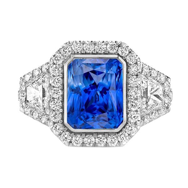 Halo Bezel Set Blue Sapphire Ring 4.50 Carats Trapezoid & Round Diamond - Gemstone Ring-harrychadent.ca