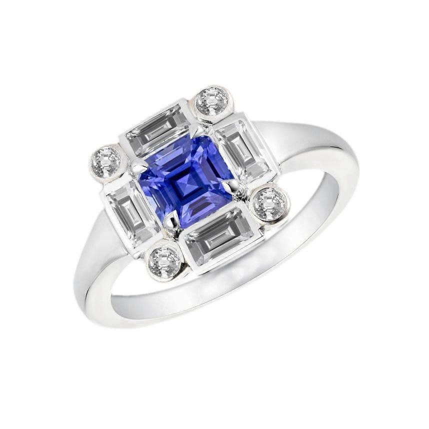 Halo Blue Sapphire Ring 3 Carats Bezel Set Baguette & Round Diamonds - Gemstone Ring-harrychadent.ca