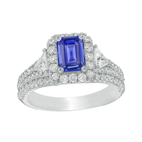 Halo Blue Sapphire Ring 3 Stone Style Emerald & Diamonds 3.50 Carats - Gemstone Ring-harrychadent.ca