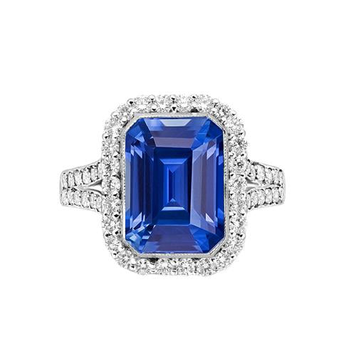 Halo Diamond Bezel Set Emerald Blue Sapphire Engagement Ring 4 Carats - Gemstone Ring-harrychadent.ca