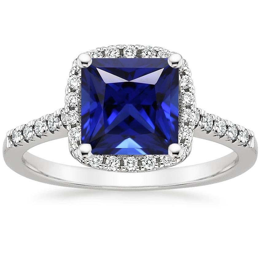 Halo Diamond Ring Princess Blue Sapphire With Accents 6 Carat Gold 14K - Gemstone Ring-harrychadent.ca