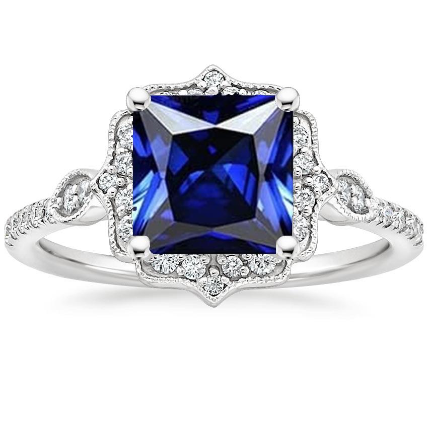 Halo Diamond Ring Vintage Style Ceylon Sapphire Princess Cut 6 Carats - Gemstone Ring-harrychadent.ca