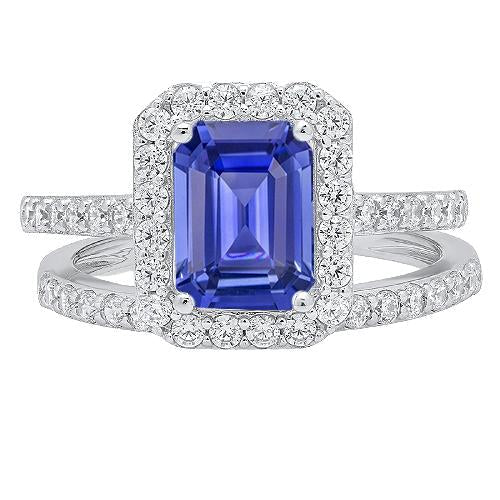 Halo Emerald Sapphire Wedding Ring Set 4.50 Carats White Gold Jewelry - Gemstone Ring-harrychadent.ca