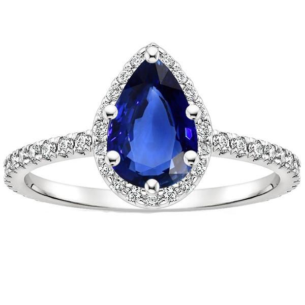 Halo Ring Pear Cut Sri Lankan Sapphire & Pave Set Diamonds 4.75 Carats - Gemstone Ring-harrychadent.ca