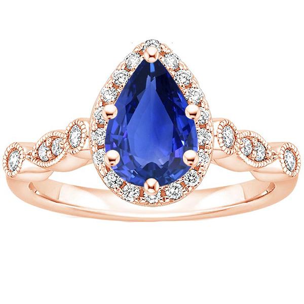 Halo Ring Vintage Style Pear Blue Sapphire & Diamonds 4 Carats - Gemstone Ring-harrychadent.ca