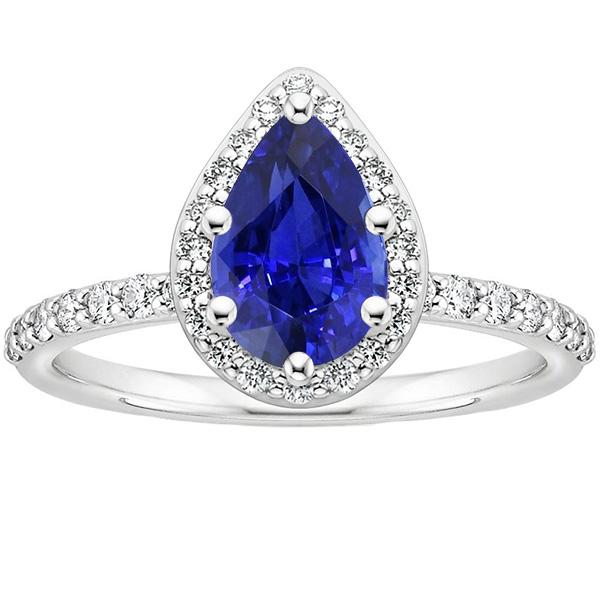 Halo Ring White Gold 14K Pear Ceylon Sapphire & Diamonds 3.75 Carats - Gemstone Ring-harrychadent.ca