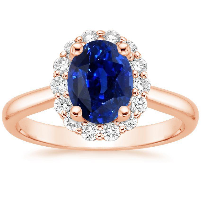 Halo Round Diamond & Oval Ring Sri Lankan Sapphire 3.50 Carats - Gemstone Ring-harrychadent.ca