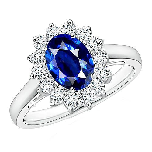 Oval Diamond Engagement Ring Halo Ceylon Sapphire 6 Carat Flower Style - Gemstone Ring-harrychadent.ca