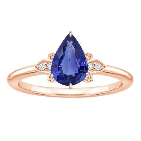 Rose Gold Solitaire With Accents Ring Pear Ceylon Sapphire 3 Carats - Gemstone Ring-harrychadent.ca