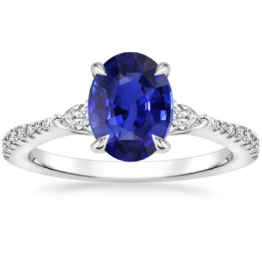 Solitaire Blue Sapphire With Pear & Round Diamond Accent Ring 3 Carats - Gemstone Ring-harrychadent.ca