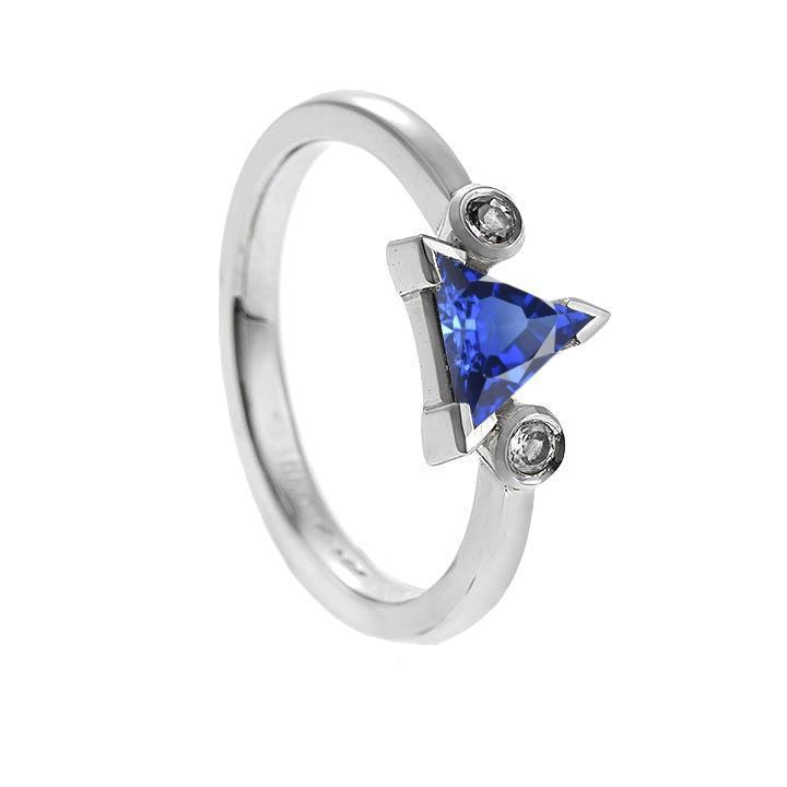 Three Stone Ring Trillion V Prong Ceylon Sapphire 1.25 Carats Gold - Gemstone Ring-harrychadent.ca