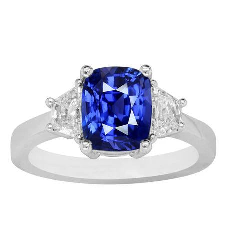 Trapezoid Diamond & Cushion Blue Sapphire 3 Stone Ring 2.50 Carats - Gemstone Ring-harrychadent.ca