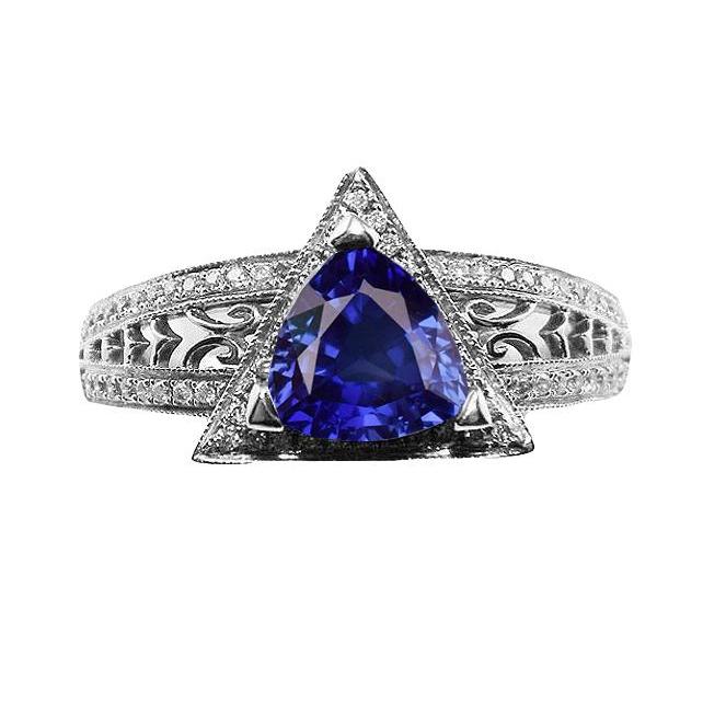 Trillion Gemstone Ring Antique Style Ceylon Sapphire 1.50 Carats Gold - Gemstone Ring-harrychadent.ca